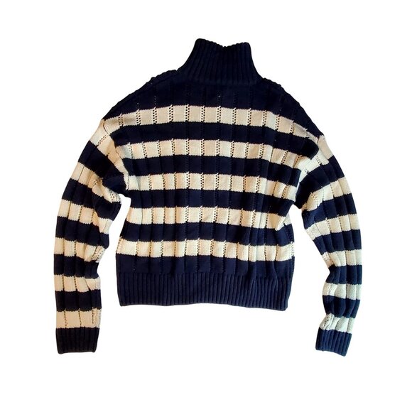 Navy & White Striped Cropped Sweater Half-Zip Collar XS 60% Cotton 40% Acrylic - Picture 2 of 10
